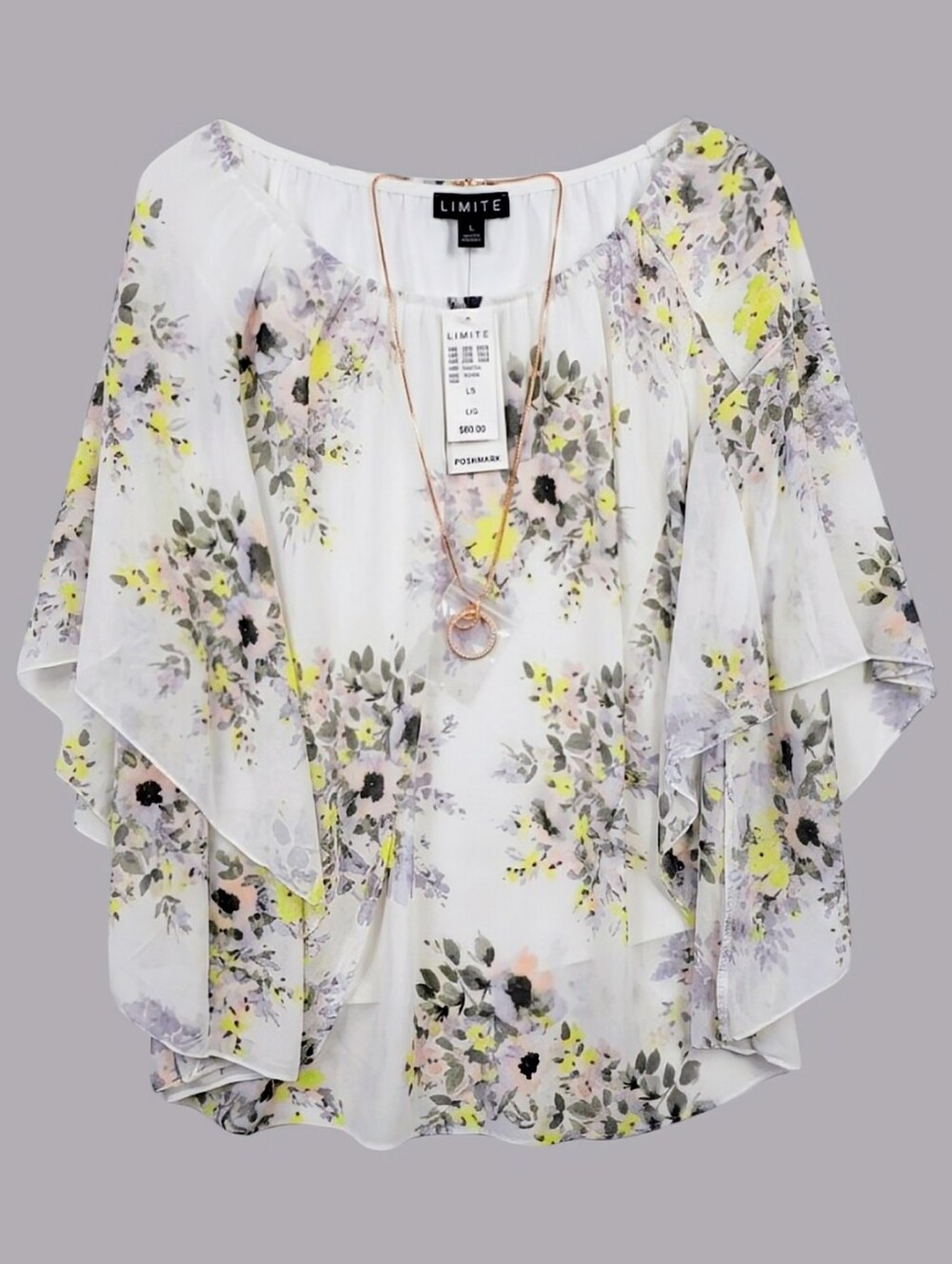 NEW LIMITÉ Floral Flutter Sleeve Blouse with Rhinestone Circle Pendant Necklace
